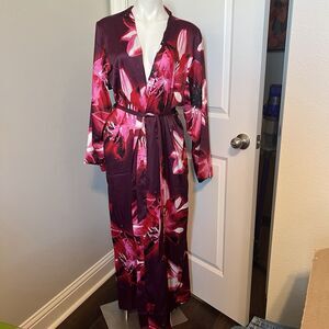 Victoria's Secret Satin Long Robe L Maroon Pink Lily Floral Embroidered Logo VS